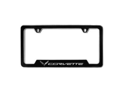 GM 19330390 License Plate Frame by Baron & Baron in Black with Crossed Flags Logo and Corvette Script