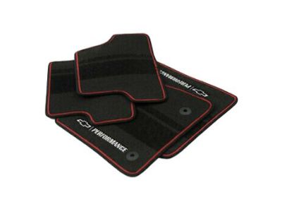 GM 23283735 Front and Rear Carpeted Floor Mats in Jet Black with Adrenaline Red Stitching, Bowtie Logo and Performance Script