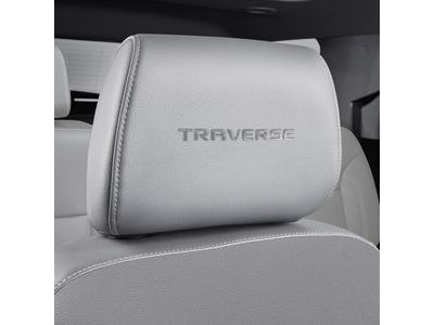 GM 84471277 Vinyl Headrest in Medium Ash Gray with Embroidered Traverse Script and Light Ash Gray Stitching