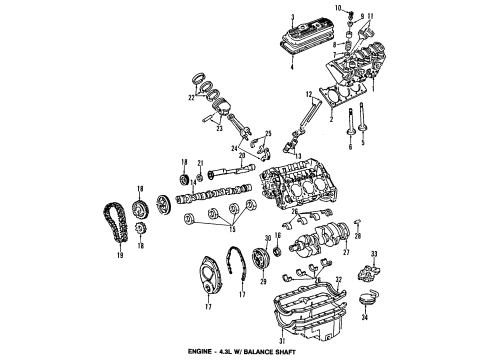1993 GMC Sonoma Engine Parts, Mounts, Cylinder Head & Valves, Camshaft & Timing, Oil Cooler, Oil Pan, Oil Pump, Balance Shafts, Crankshaft & Bearings, Pistons, Rings & Bearings Cover Asm, Crankcase Front End & Ptr Diagram for 12513961