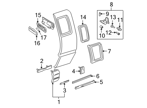 1994 GMC Sonoma Roof Lamps, Side Glass, Exterior Trim Latch Kit Screw Diagram for 14062360