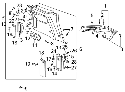 2001 Pontiac Aztek Interior Trim - Quarter Panels Retractor Assembly Guide Diagram for 23225791