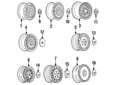 1991 Cadillac DeVille Wheels, Covers & Trim Hub Cap ASSEMBLY(Tire & Wheel Drawing/Original Housed Diagram for 3545558