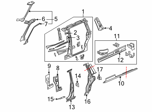 2007 Chevrolet Uplander Center Pillar, Hinge Pillar, Lock Pillar, Rocker Panel, Uniside Reinforcement Asm, Windshield Side Frame (LH) Diagram for 88980797