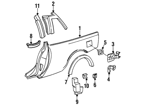 1992 Buick Regal Quarter Panel & Components, Glass, Exterior Trim Molding Asm-Rear Quarter Center Front Diagram for 10200012