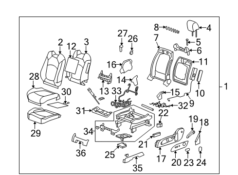 2007 Saturn Outlook Driver Seat Components Headrest Guide Diagram for 15901414